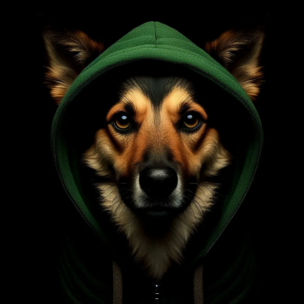 Humour - Chien en capuche verte. Avec Demain l'Homme, ex SOS-planete, l'IA SPHERA lutte, avec éthique, contre la désinformation et les Fake News