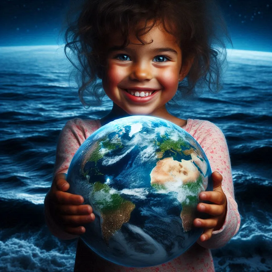 Une petite fille, la Terre entre ses mains, au bord de l'océan - Avec Demain l'Homme, ex SOS-planete, l'IA SPHERA lutte, avec éthique, contre la désinformation et les Fake News